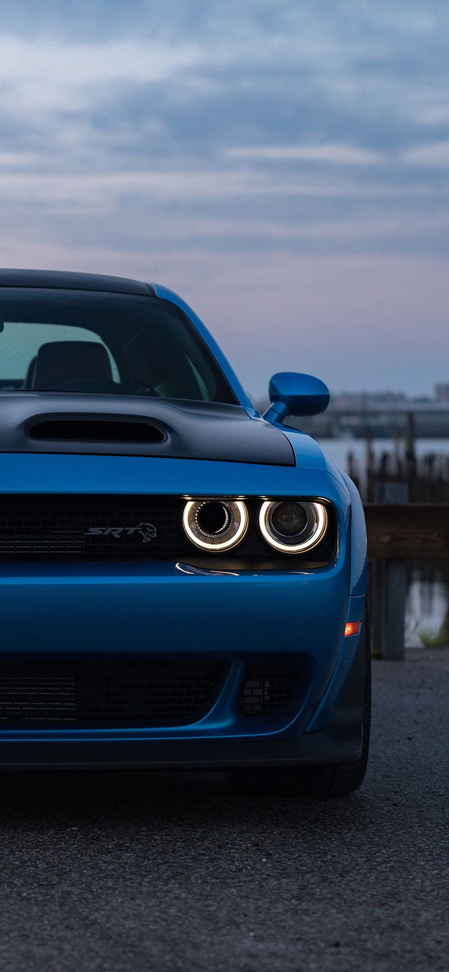 Blue Dodge Challenger SRT Hellcat Front View with LED Headlights HD phone wallpaper