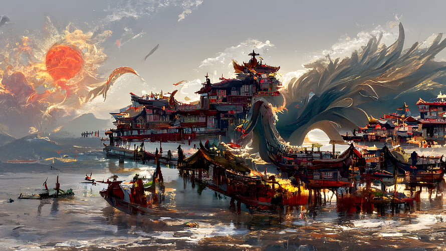 Fantasy Asian Harbor with Giant Dragon and Traditional Boats HD wallpaper