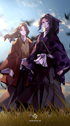 Yoriichi and Kokushibo in Traditional Attire Walking Through Golden Grass Under a Blue Sky HD phone wallpaper