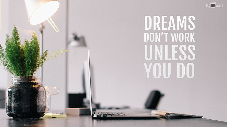 Minimalist Home Office Desk With Laptop, Potted Plant, And Motivational Quote On Wall HD wallpaper