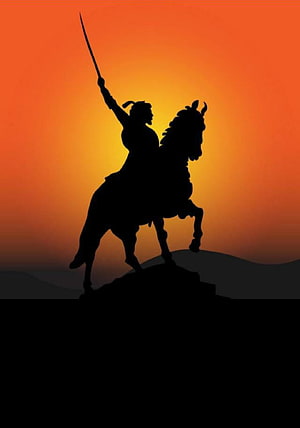 Shivaji Maharaj Silhouette on Horseback with Raised Sword Against Sunset Sky HD phone wallpaper