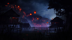 Mystical Night Lake Scene with Floating Red Lanterns and Stilt Huts HD wallpaper