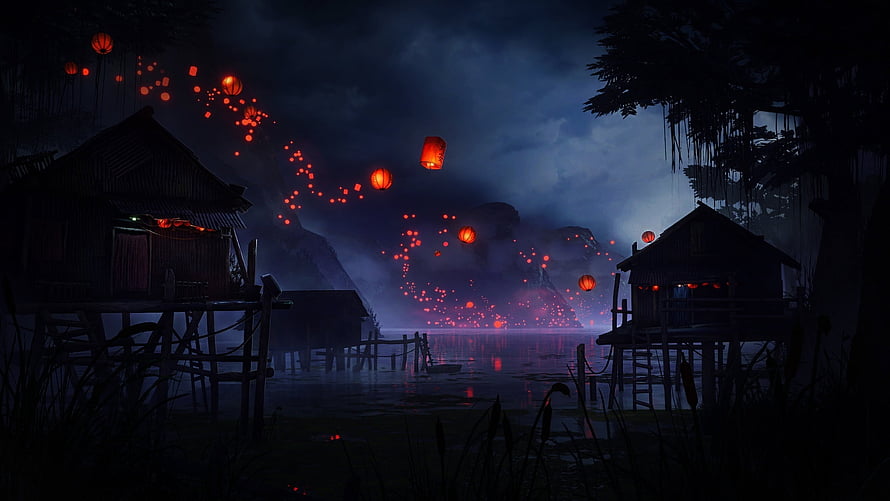 Mystical Night Lake Scene with Floating Red Lanterns and Stilt Huts HD wallpaper