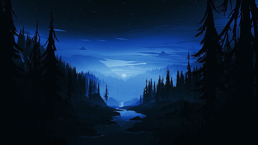 Minimalist Digital Art of a Moonlit River Winding Through a Dark Pine Forest at Night HD wallpaper