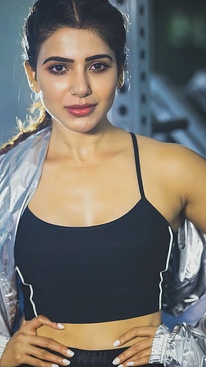 Saiyami Kher in a black sports bra and silver jacket posing confidently in a gym setting HD phone wallpaper