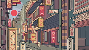 Illustrated Japanese Alleyway with Traditional Shop Signs and Red Sun HD wallpaper