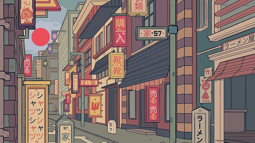 Illustrated Japanese Alleyway with Traditional Shop Signs and Red Sun HD wallpaper