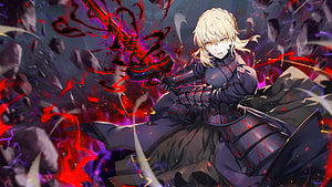 Saber Alter Artoria Pendragon wielding Excalibur Morgan in dark fantasy battle scene HD wallpaper