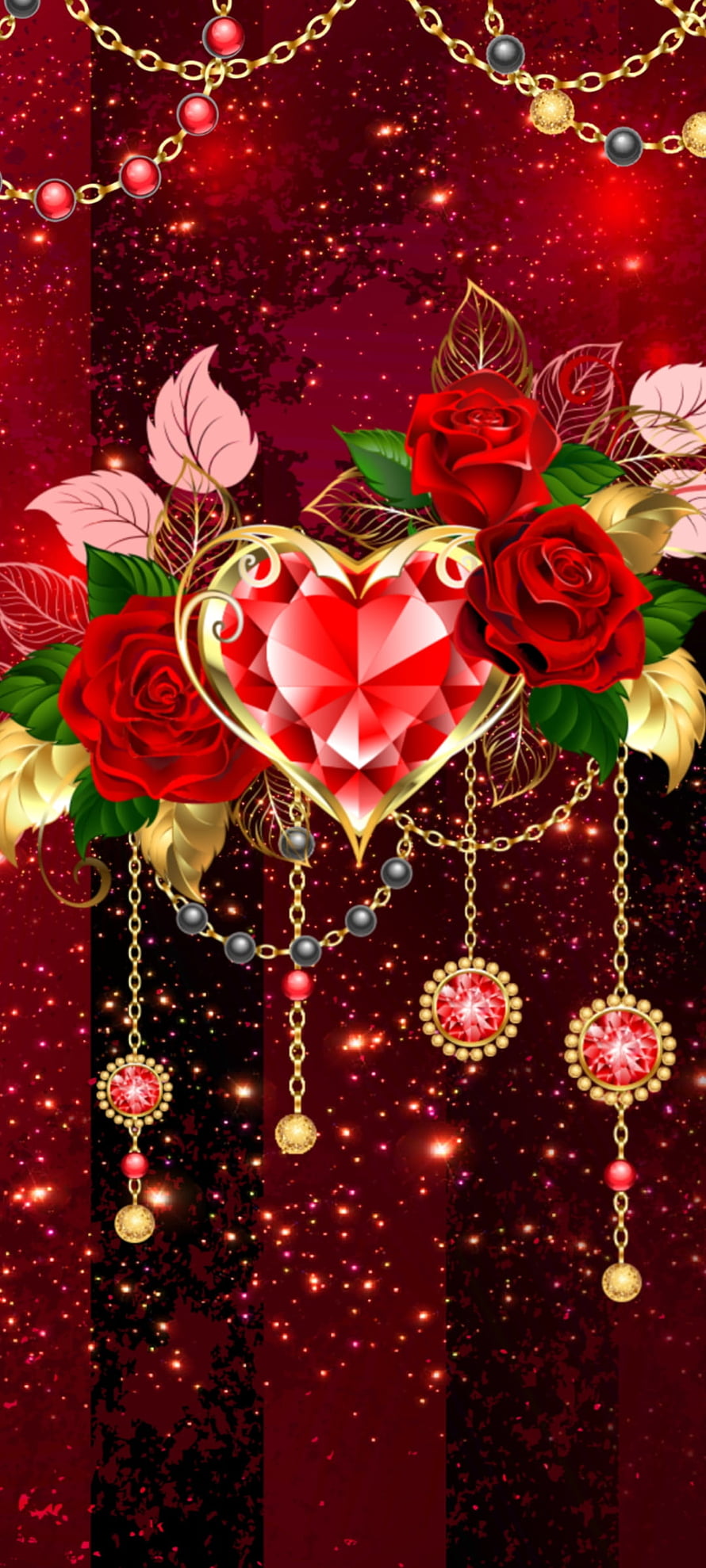 Luxurious Red Rose and Crystal Heart Jewelry Design on Sparkling Dark Background HD phone wallpaper