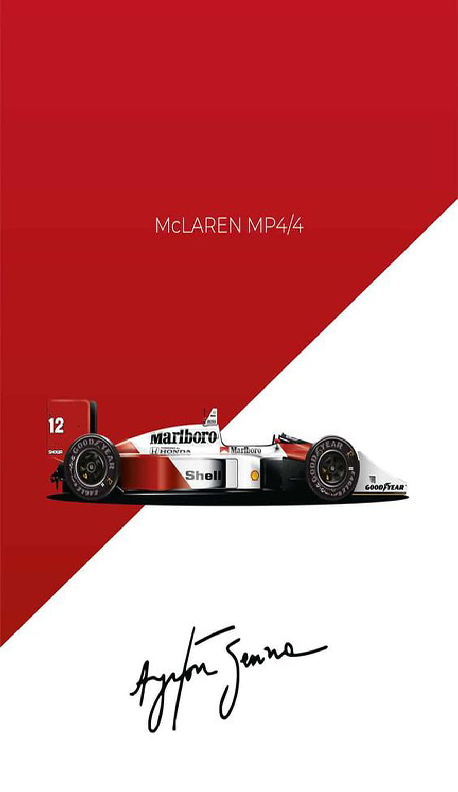 Ayrton Senna McLaren MP4/4 Formula 1 Car with Marboro Livery on Red and White Background HD phone wallpaper