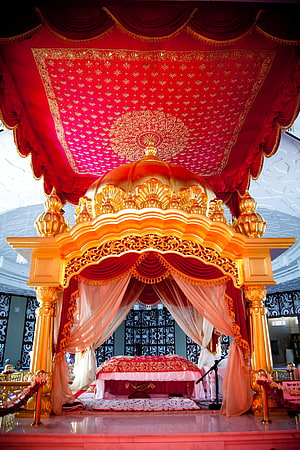 Ornate Golden Mandap with Red Drapes and Intricate Ceiling Design for Indian Wedding Ceremony, Guru Granth Sahib, Guru Granth Sahib Ji HD phone wallpaper