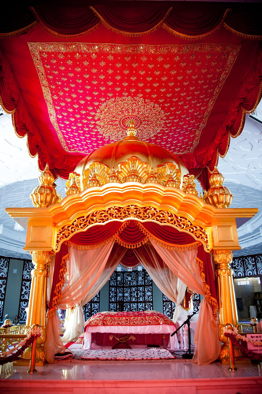Ornate Golden Mandap with Red Drapes and Intricate Ceiling Design for Indian Wedding Ceremony, Guru Granth Sahib, Guru Granth Sahib Ji HD phone wallpaper