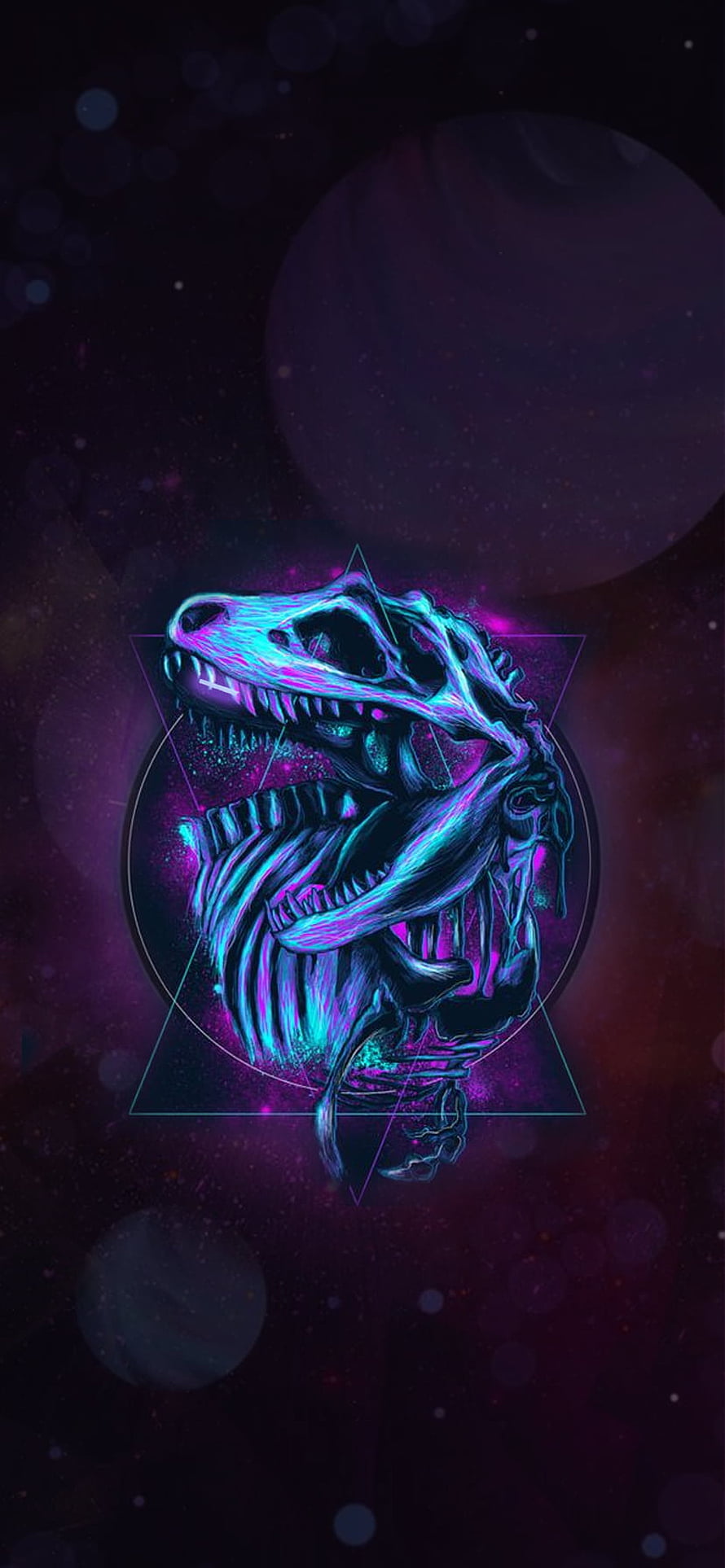 Neon T-Rex Skull Digital Art with Geometric Shapes and Cosmic Background HD phone wallpaper