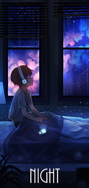 Anime boy listening to music on a bed under a starry night sky HD phone wallpaper