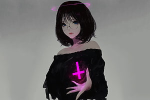 Anime Girl With Glowing Pink Halo And Cross Symbol On Chest HD wallpaper