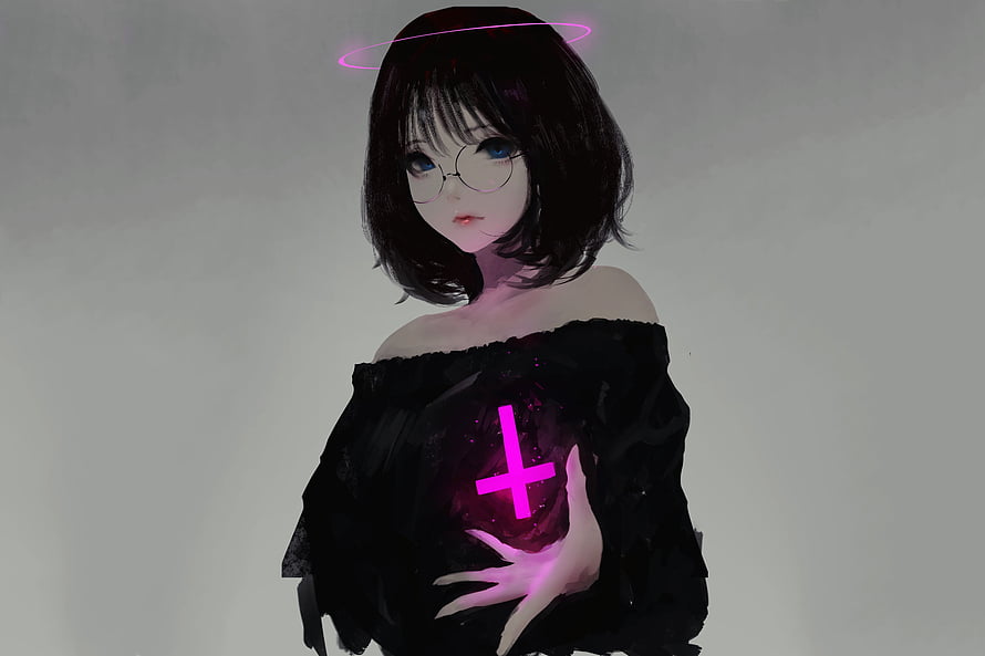 Anime Girl With Glowing Pink Halo And Cross Symbol On Chest HD wallpaper