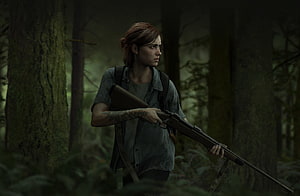 Ellie from The Last of Us holding a rifle in a dark forest HD wallpaper