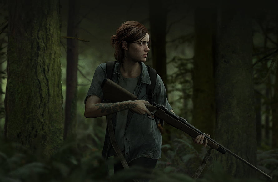 Ellie from The Last of Us holding a rifle in a dark forest HD wallpaper