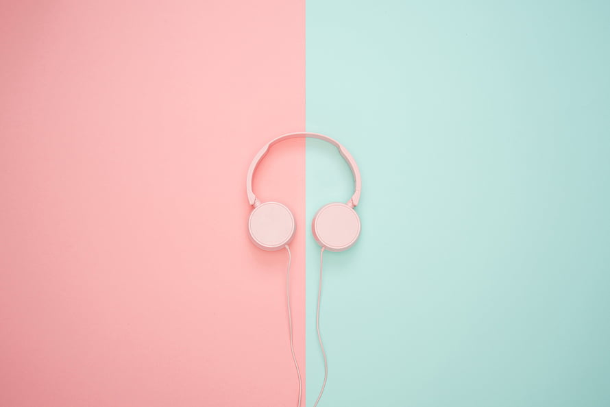 Pastel Pink Headphones on Split Mint and Rose Background HD wallpaper