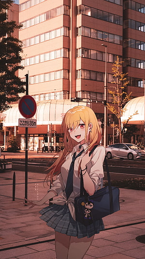 Anime Girl in School Uniform Standing on City Street at Sunset HD phone wallpaper