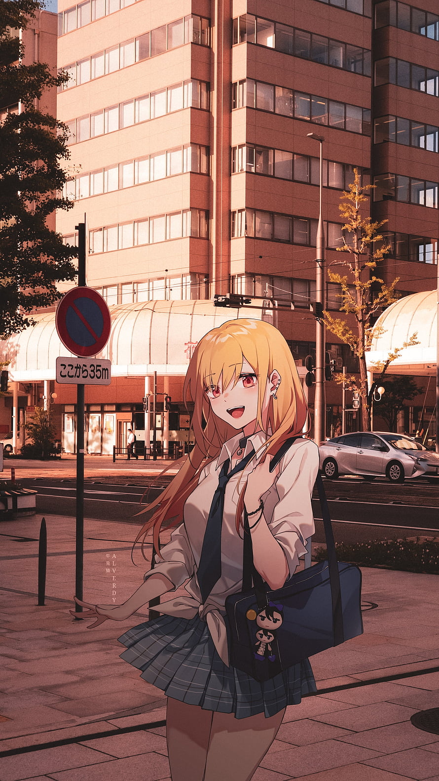 Anime Girl in School Uniform Standing on City Street at Sunset HD phone wallpaper