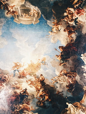 Baroque Ceiling Fresco Depicting Divine Ascension and Mythological Figures in Clouds HD phone wallpaper