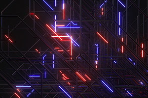 Abstract Neon Circuit Board with Glowing Red and Blue Light Traces on Dark Background HD wallpaper