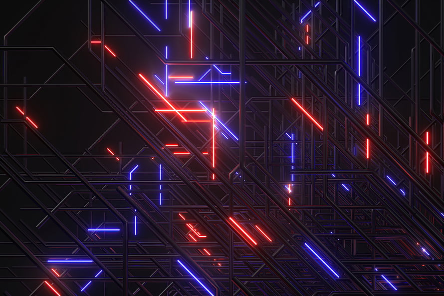 Abstract Neon Circuit Board with Glowing Red and Blue Light Traces on Dark Background HD wallpaper
