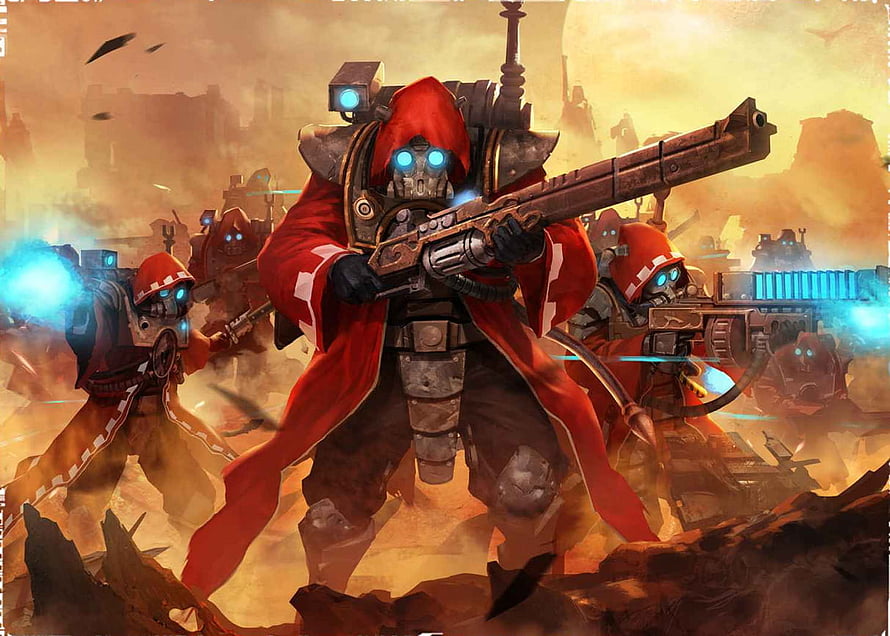 Adeptus Mechanicus Warhammer 40k Battle Scene with Red Robed Tech-Priests and Heavy Weapons HD wallpaper