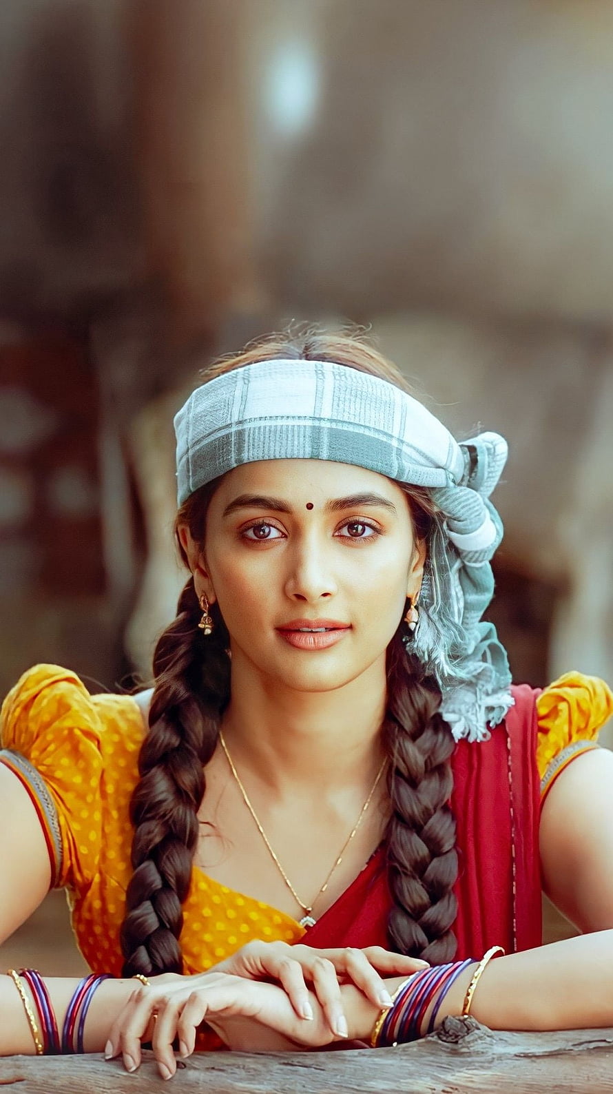 Pooja Hegde in Traditional Indian Attire with Braided Hair and Turban HD phone wallpaper