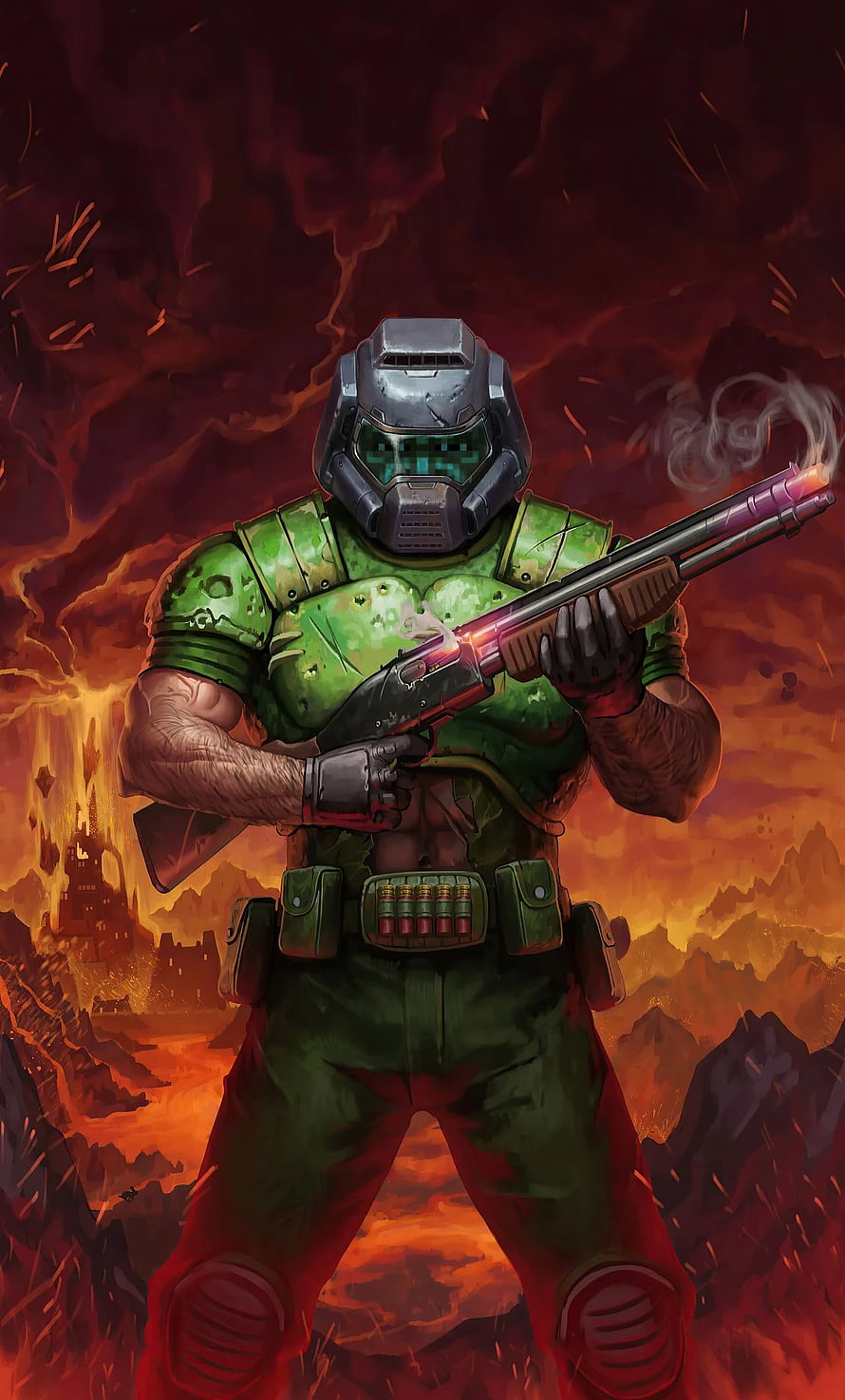 Doom Slayer in Green Armor Holding Shotgun Amidst Fiery Hell Landscape HD phone wallpaper