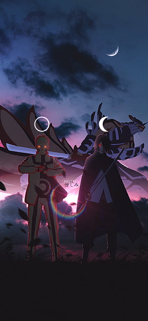 Naruto and Sasuke standing under moonlight with Kurama and Susano'o silhouettes in anime style HD phone wallpaper