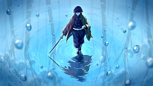 Giyu Tomioka Water Pillar Walking Through Ripples in Demon Slayer Anime Artwork HD wallpaper