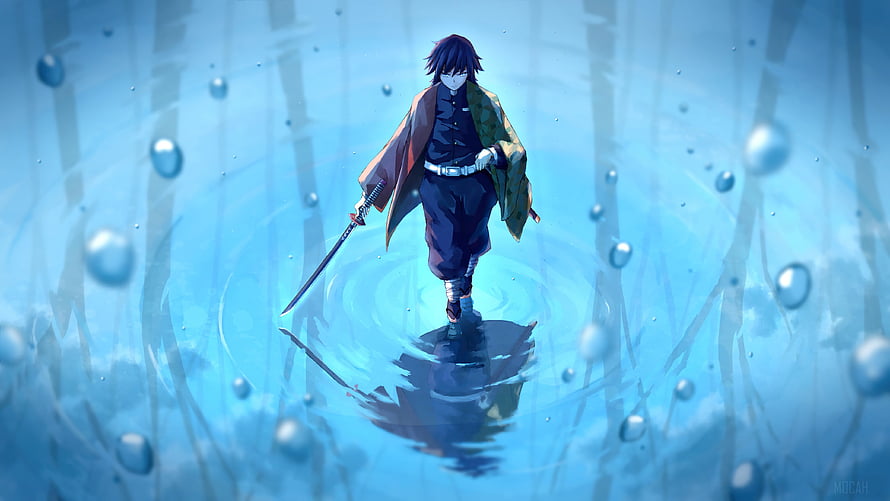 Giyu Tomioka Water Pillar Walking Through Ripples in Demon Slayer Anime Artwork HD wallpaper