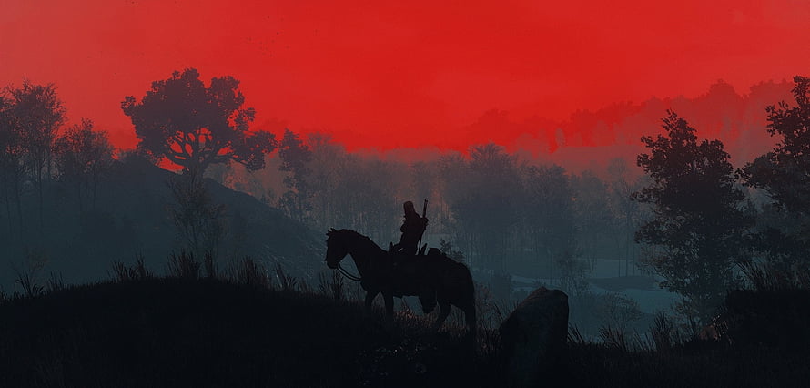 Geralt of Rivia on Horseback Silhouette Against Crimson Sky in The Witcher 3 HD wallpaper