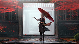 Anime Girl With Red Umbrella In Rainy Autumn Japanese Courtyard HD wallpaper