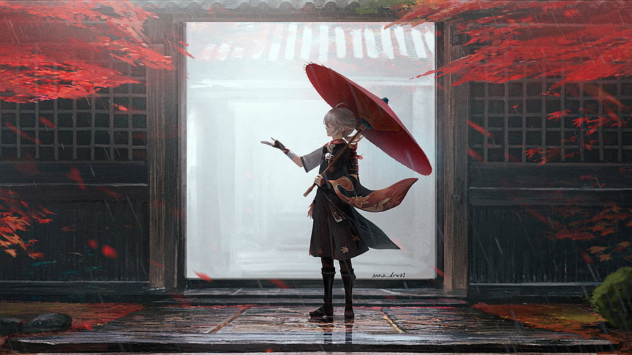 Anime Girl With Red Umbrella In Rainy Autumn Japanese Courtyard HD wallpaper