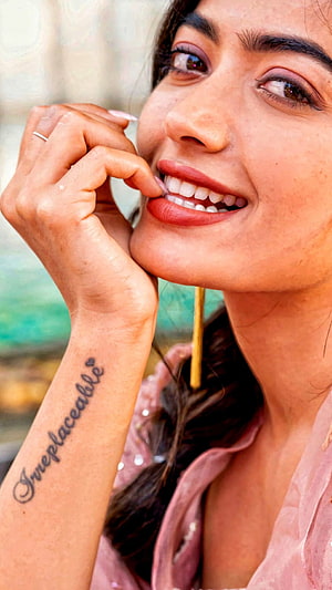 Rashmika Mandanna Close-Up Portrait With Irreplaceable Wrist Tattoo HD phone wallpaper