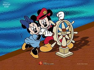 Mickey and Minnie Mouse steering a ship on the ocean deck HD wallpaper