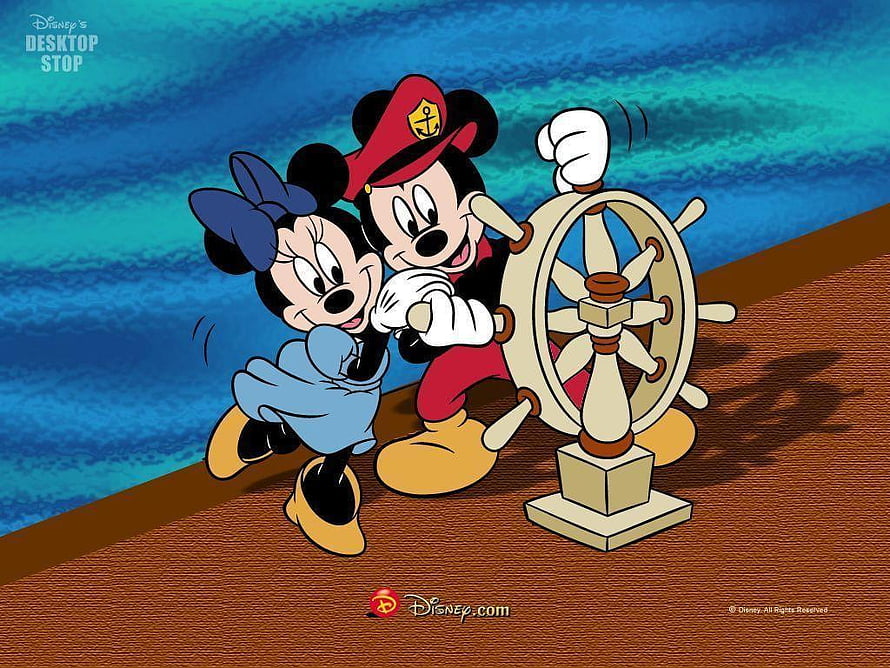 Mickey and Minnie Mouse steering a ship on the ocean deck HD wallpaper