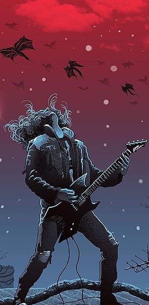 Eddie Munson from Stranger Things playing electric guitar under a red sky with bats HD phone wallpaper