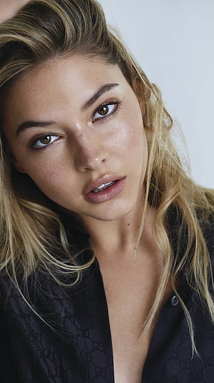 Madelyn Cline Close-Up Portrait in Black Gucci Shirt HD phone wallpaper