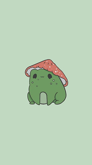 Cute cartoon frog wearing a red mushroom cap on a soft mint green background HD phone wallpaper