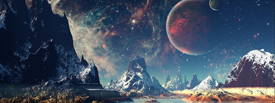 Alien Planet Landscape With Giant Red Planet And Snowy Mountains Under Starry Nebula Sky HD wallpaper