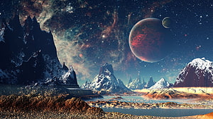 Alien Planet Landscape With Snowy Mountains And Red Gas Giant In Starry Sky HD wallpaper