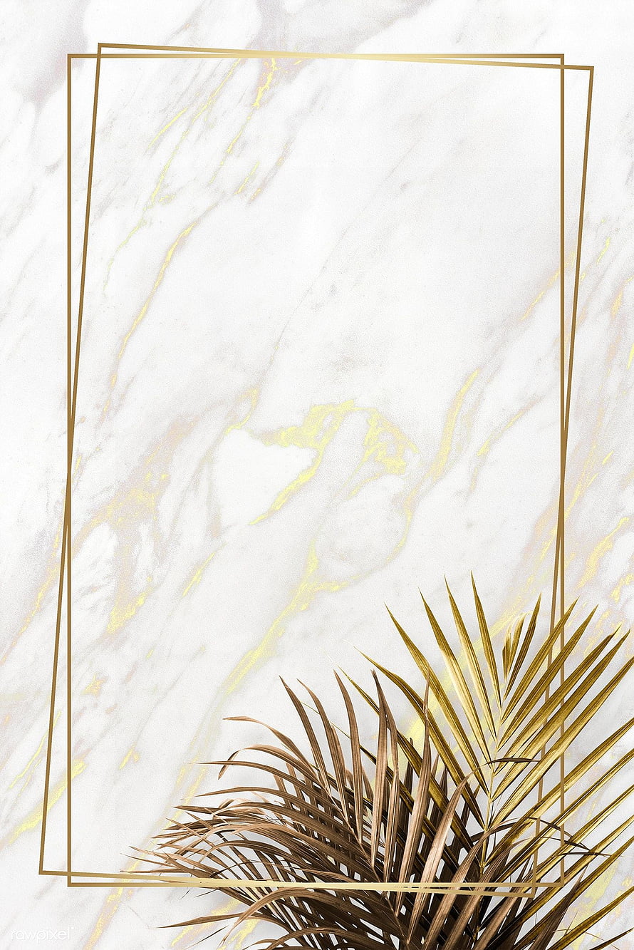 Elegant Gold Geometric Frame on White Marble with Tropical Palm Leaves HD phone wallpaper