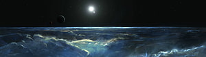Cinematic View of a Distant Star and Moons Above a Vast Cloud Layer in Deep Space HD wallpaper