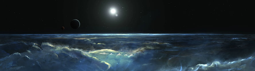 Cinematic View of a Distant Star and Moons Above a Vast Cloud Layer in Deep Space HD wallpaper