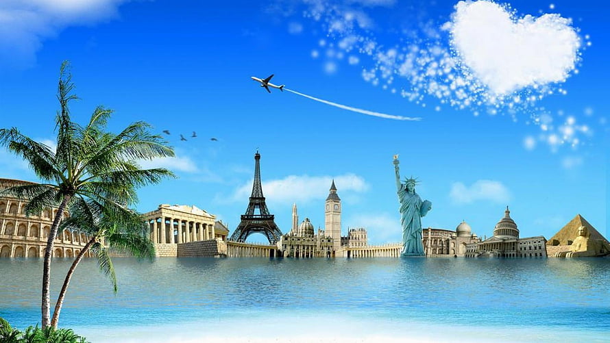 World Landmarks Collage on Tropical Beach with Eiffel Tower, Statue of Liberty, and Pyramids HD wallpaper