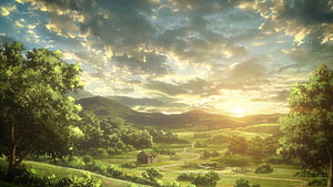 Serene Anime Countryside Landscape With Rolling Hills And Golden Sunset Sky HD wallpaper